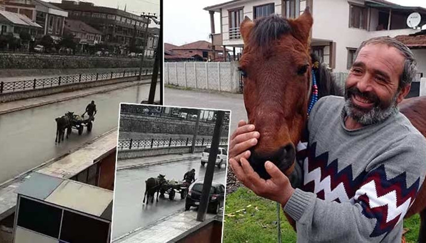 Düzcede atı yorulunca arabayı kendisi çekti O anlar böyle görüntülendi