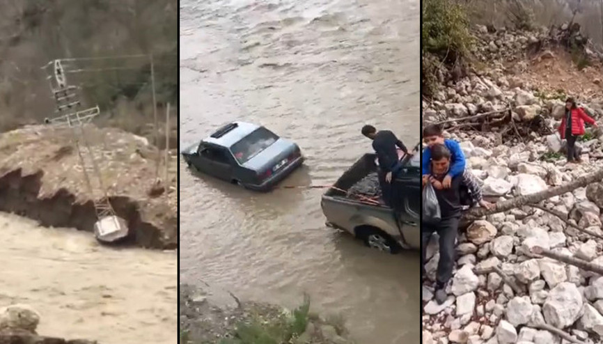 Kar suları eridi, çay taşma noktasına geldi Elektrik direği yıkıldı, araçlar mahsur kaldı
