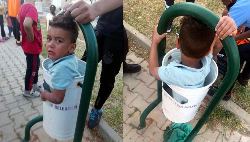 Saklambaç oynarken çöp kovasına sıkıştı