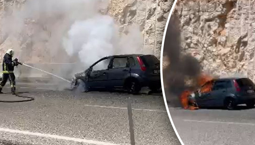 Hareket halindeki otomobil alev alev yandı