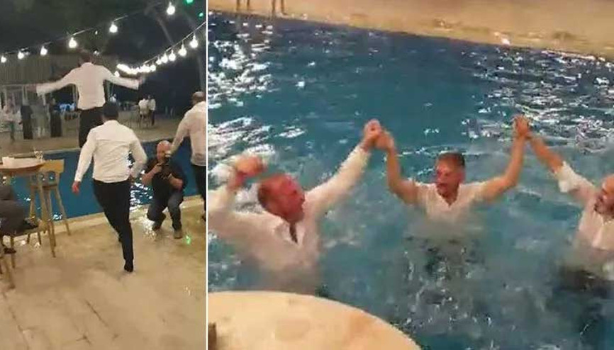Düğünde çılgın eğlence, havuzda horon teptiler