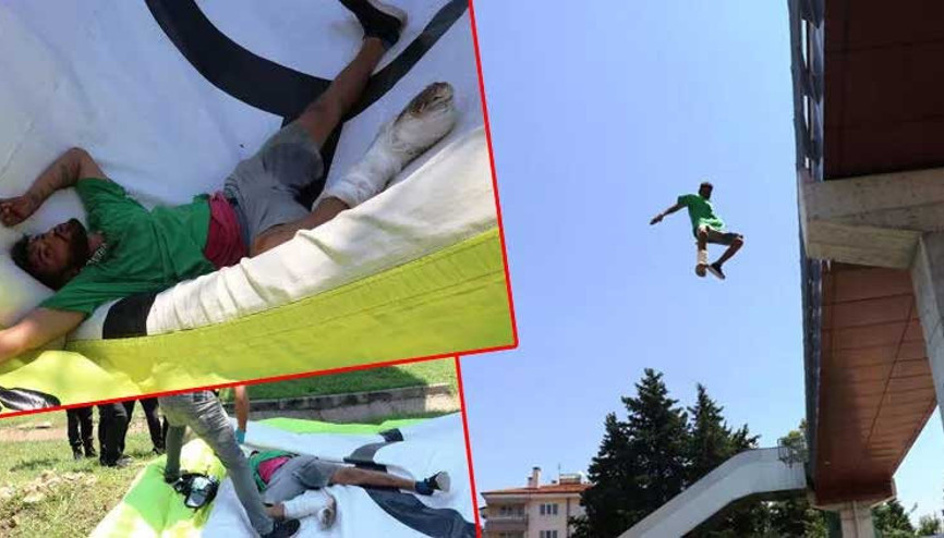 Kırık bacakla üst geçitten brandaya atladı, yanına gelen polise ‘kusura bakma’ dedi