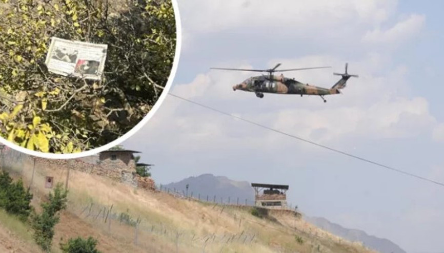 Hakkaride askeri helikopterle dağlara, teröristlere Teslim ol çağrısı yapılan bildiri atıldı