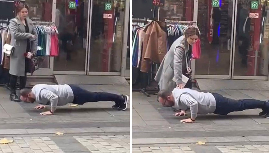 Pendikte şaşkına çeviren anlar... Çarşı ortasında şınav çektirdi