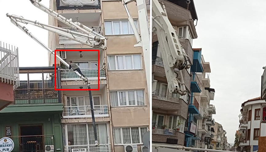 İlginç görüntü Eve girebilmek için çilingir yerine beton dökme makinesi kullandı İlginç görüntü Eve girebilmek için çilingir yerine beton dökme makinesi kullandı