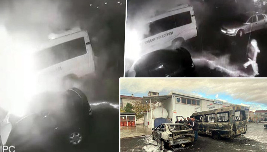 Ergenede belediyenin minibüsü ile makam aracı yandı Ergenede belediyenin minibüsü ile makam aracı yandı