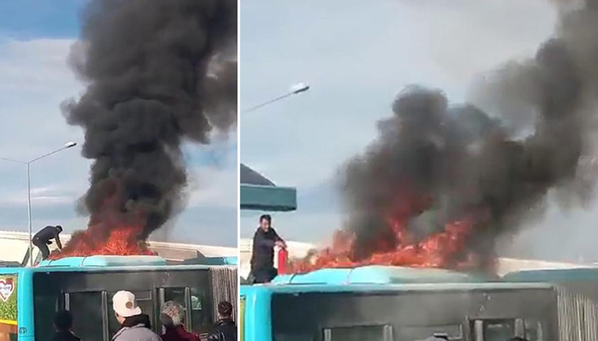 Erzurumda seyir halindeki belediye otobüsü yandı