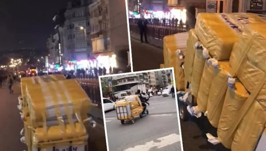 Skutera çek çek bağlayıp çuvalla eşya taşıdılar