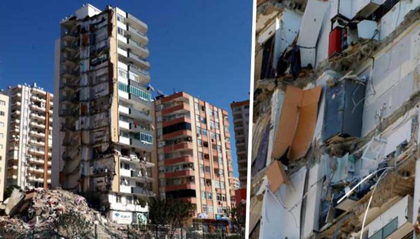 Yarısı yıkılan binanın 11inci katında buzdolabı asılı kaldı