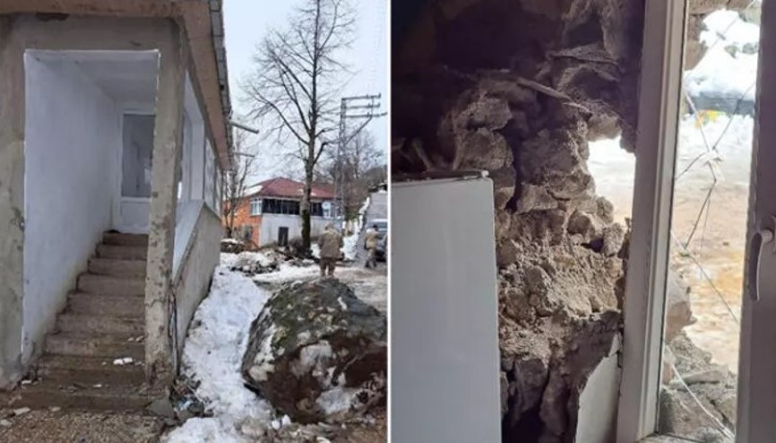 Orduda yamaçtan kopan kaya, evin duvarını yıktı
