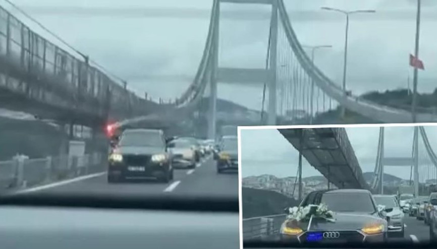 Fatih Sultan Mehmet Köprüsünde çakarlı meşaleli düğün konvoyuna tepki