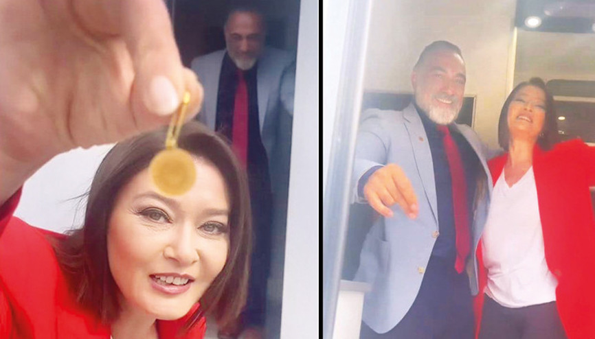 Nurgül Yeşilçay rol arkadaşı Selim Bayraktara sette çeyrek altın taktı