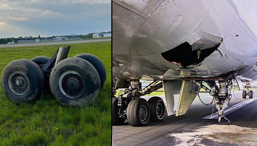 Acil iniş yapan kargo uçağının iniş takımı koptu
