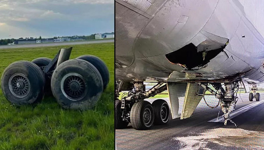 Acil iniş yapan kargo uçağının iniş takımı koptu