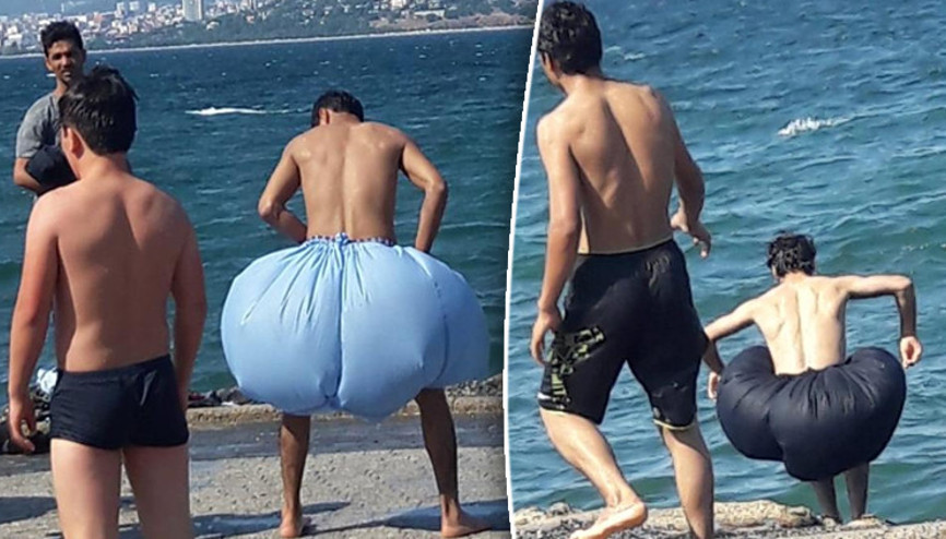 Büyükadada ilginç görüntü: Naylon torba ile denize girdiler