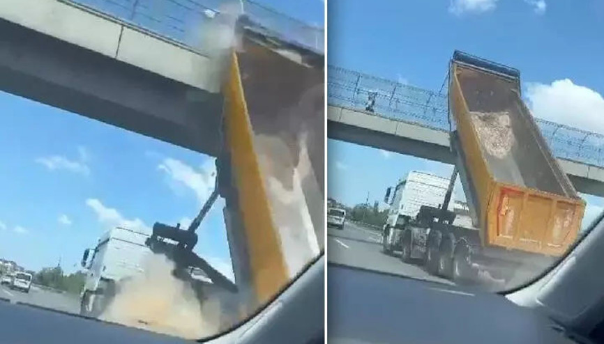 TEMde hafriyat kamyonunun damperi üst geçide çarptı