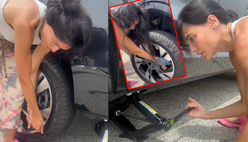 Bijon anahtarını aldı lastik değiştirdi Komşusunun yardımına ünlü oyuncu yetişti...