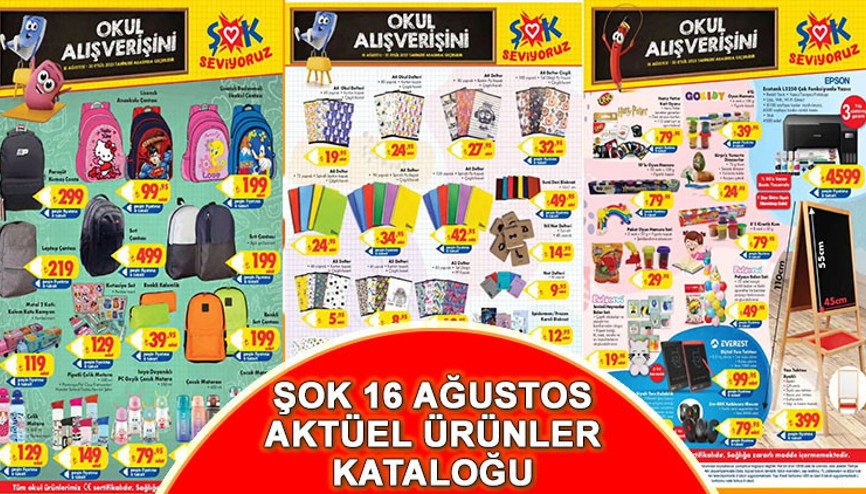 ŞOK 16 Ağustos Aktüel Kataloğu bugün satışa sunuldu Çanta defter, kalem, boya ve çanta çeşitlerinde indirim fırsatı… ŞOK’a kırtasiye ve okul malzemeleri geliyor