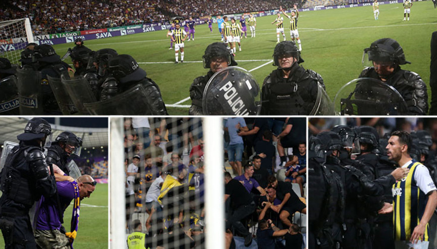Son Dakika: Maribor-Fenerbahçe maçında skandal Kavga çıktı, karşılaşma durdu ve biber gazı...