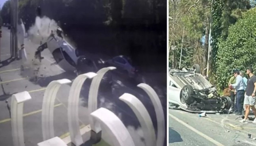 Sarıyer’de yol kenarındaki tabelaya çarpan otomobil metrelerce havalanıp, takla attı O anlar kamerada