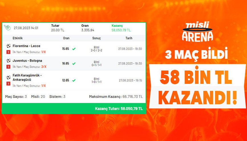 3 maçlık İlk Yarı/Maç Sonucu iddaa kuponu yaptı, 20 TL’ye 58 Bin TL kazandı