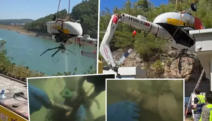 İzmirde baraja düşen helikopterin sudan çıkarılma anları