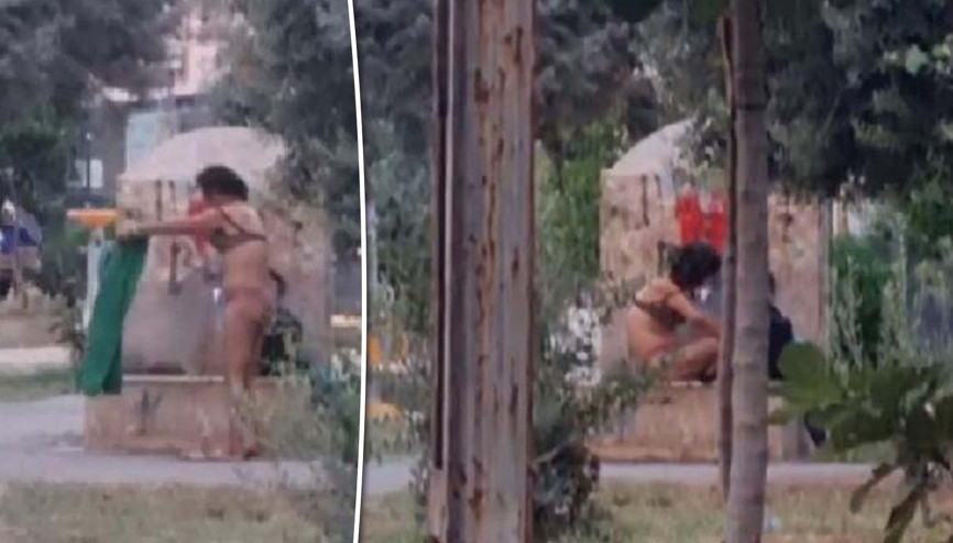 Parkta soyunup banyo yaptı