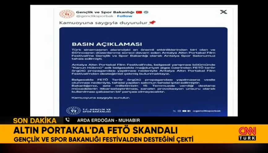 Gençlik ve Spor Bakanlığı, Antalya Altın Portakal Film Festivaline desteğini çekti