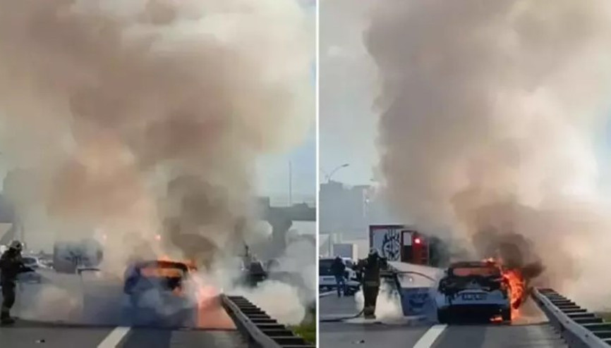 İstanbulda TEM Otoyolu Seyrantepe mevkiinde bir otomobil alev alev yandı