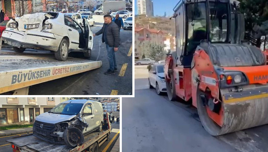 Yokuştan kayan yol silindiri çok sayıda araca çarptı