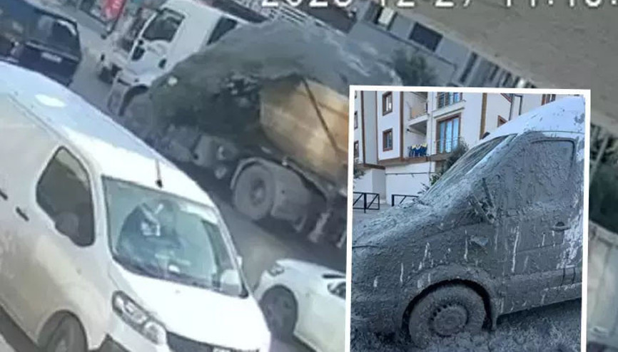 Ani fren yapan hafriyat kamyonu araçları betona buladı Ani fren yapan hafriyat kamyonu araçları betona buladı