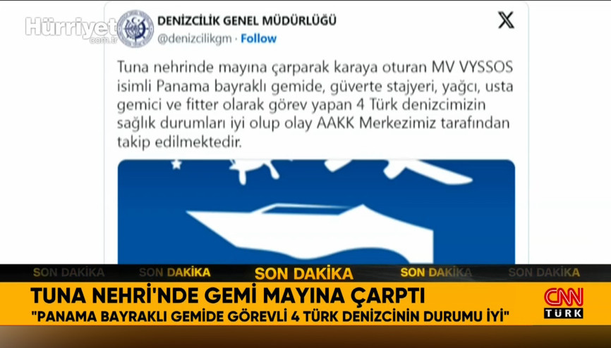 Tuna Nehrinde gemi mayına çarptı: Denizcilik Genel Müdürlüğünden açıklama