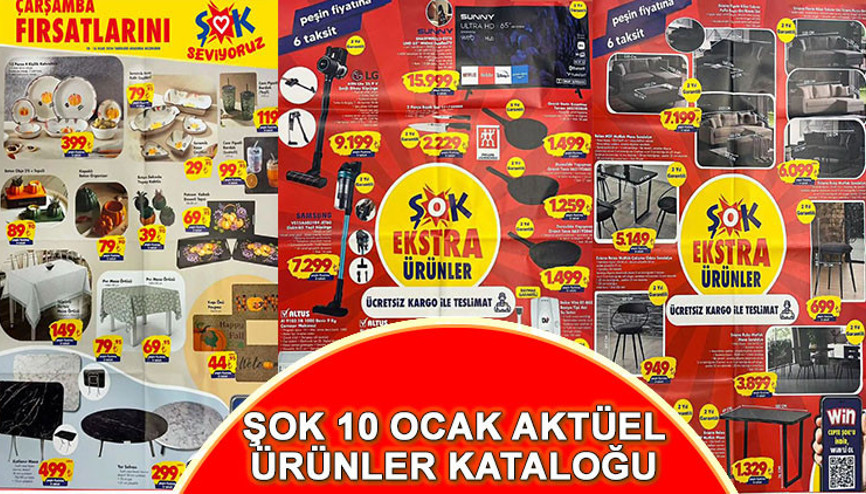 ŞOK AKTÜEL KATALOĞU 10 OCAK BUGÜN SATIŞTA ŞOK markete köşe koltuk takımı, mutfak masa seti, 65 ekran Hd televizyon, dikey süpürge ve bıçak seti geliyor