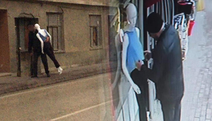 Cansız mankeni dakikalarca sevdi, kucaklayıp kaçırdı