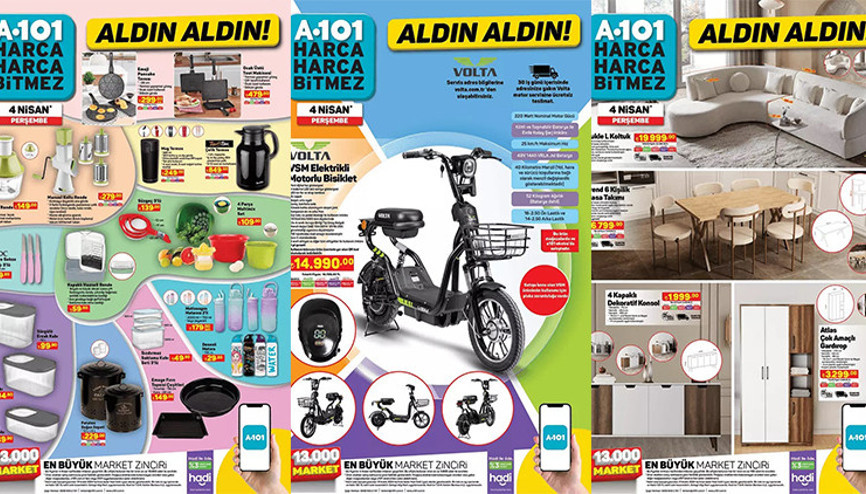 A101 aktüel 4 Nisan 2024 kataloğu SATIŞTA A101de bu hafta neler var A101 Elektrikli Motorlu Bisiklet getiriyor...