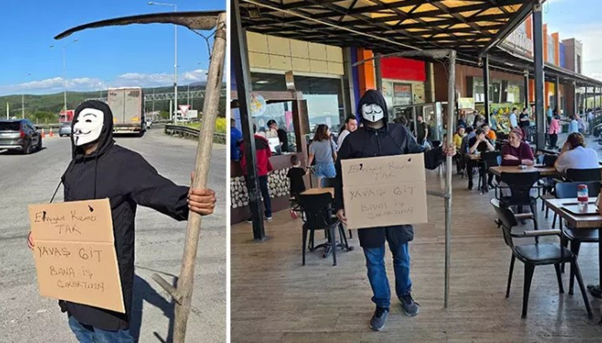 Düzcede maske takıp ‘Bana iş çıkarmayın’ pankartı ile sürücüleri uyardı