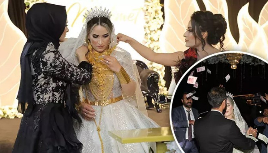 Aşiret düğününde geline 6 kilo altın takıldı, paralar havada uçuştu