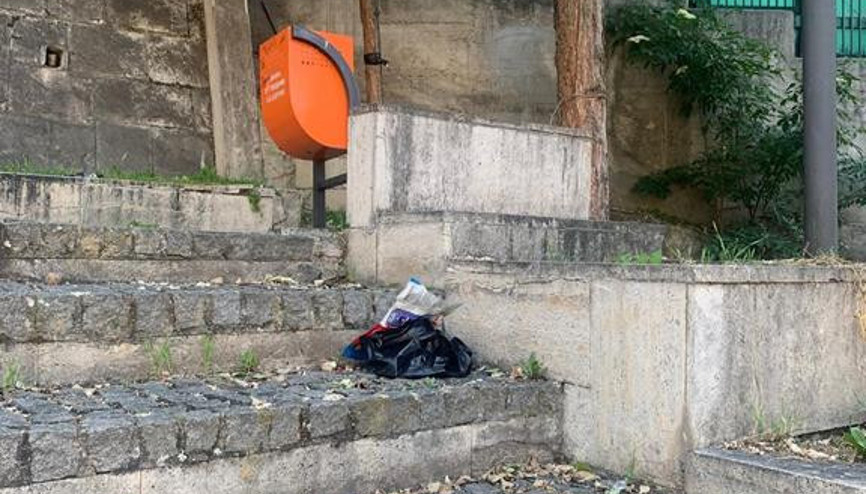 Çöp kutusu boş çimenler dolu