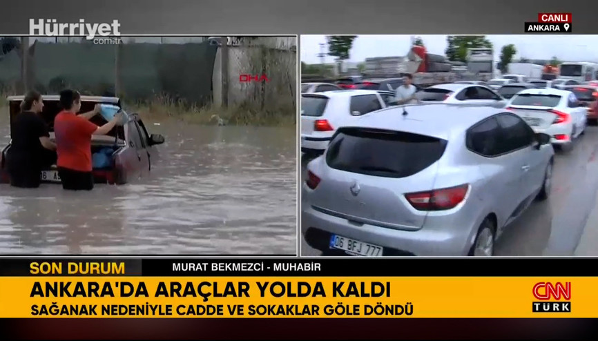 Ankarada şiddetli sağanak yağmur sonrası araçlar yolda kaldı, sokaklar göle döndü
