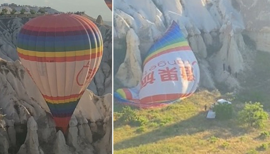 Kapadokyada korku dolu anlar Sıcak hava balonu, ters rüzgarda kayalıklara indi