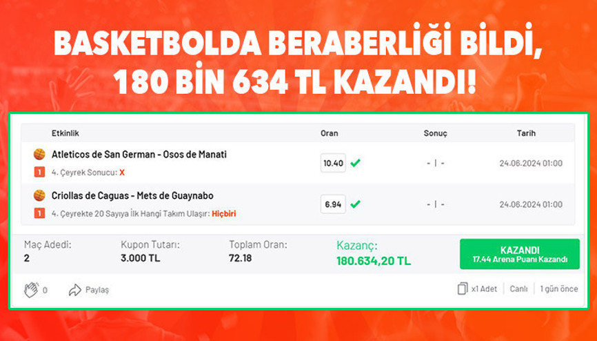 Basketbol maçlarına iddaa oynadı, son çeyrekte beraberliği bildi 180 bin 634 TL kazandı...