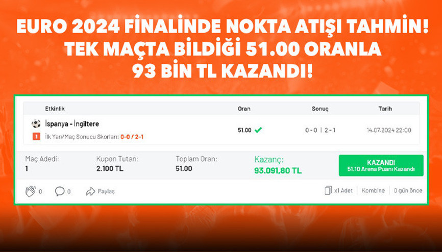 EURO 2024 finalinde tarihe geçen iddaa kuponu İY/MS skoru bildi ve 93 bin TL kazandı...