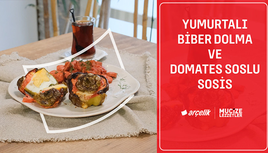 Yumurtalı dolma biber yanında domates soslu sosis tarifi | Mucize Lezzetler
