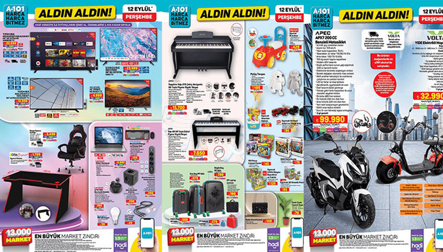 BUGÜN SATIŞTA A101 12 EYLÜL KATALOĞU 2024- İNDİRİMLİ ÜRÜNLER ||  A101de bu hafta neler var A101 katalog Benzinli Motosiklet, Piyano getiriyor...