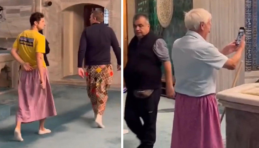 Bursada cami ziyaretinde yabancı erkek turistler şortlarının üzerine etek giydi Bursada cami ziyaretinde yabancı erkek turistler şortlarının üzerine etek giydi