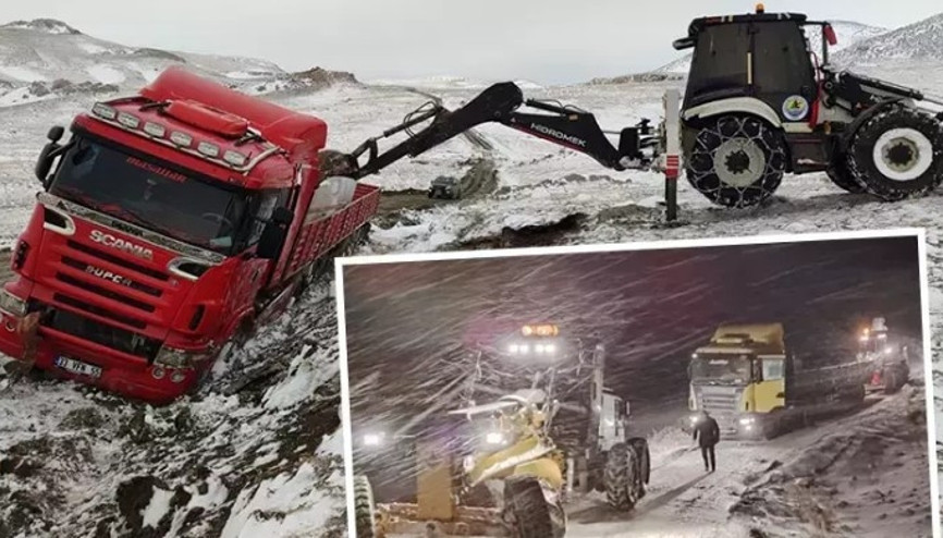 Kar ve tipide yolda kalan 6 TIR, 22 saatlik çalışmayla kurtarıldı