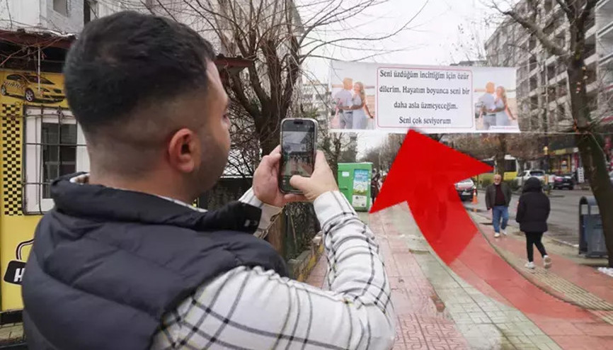 Sevgililer Gününde şaşkına çeviren pankart: Tartıştığı eşine böyle seslendi