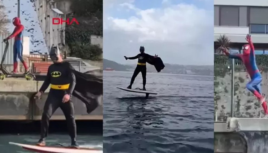Bebek Sahili’nde Batman sörf yaptı, Spider Man skuter kullandı