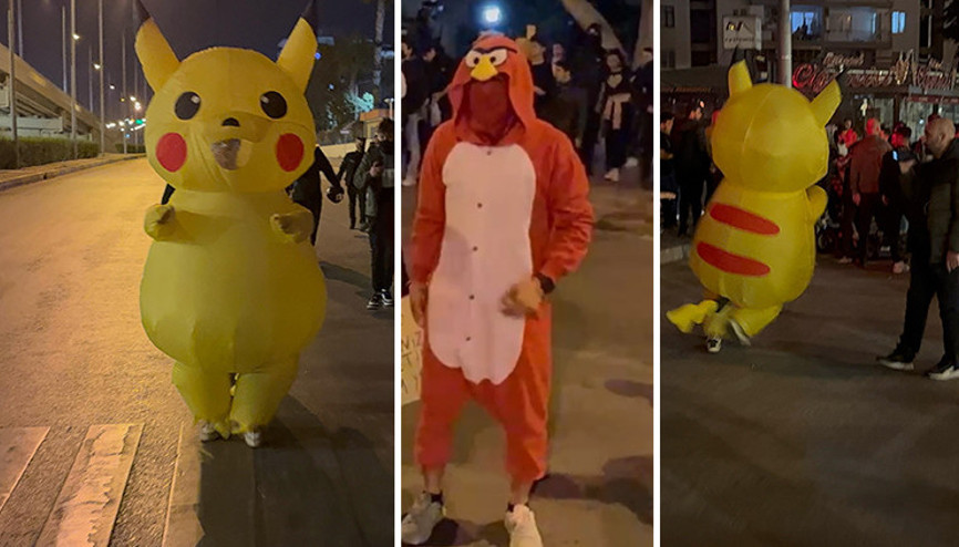 Gösterilerde Pikachu ve Angry Birds kostümlü 2 kişi