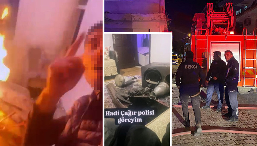 Annesine sinirlendi Evdeki eşyaları önce kırdı sonra yangın çıkardı... Dehşet anları kamerada